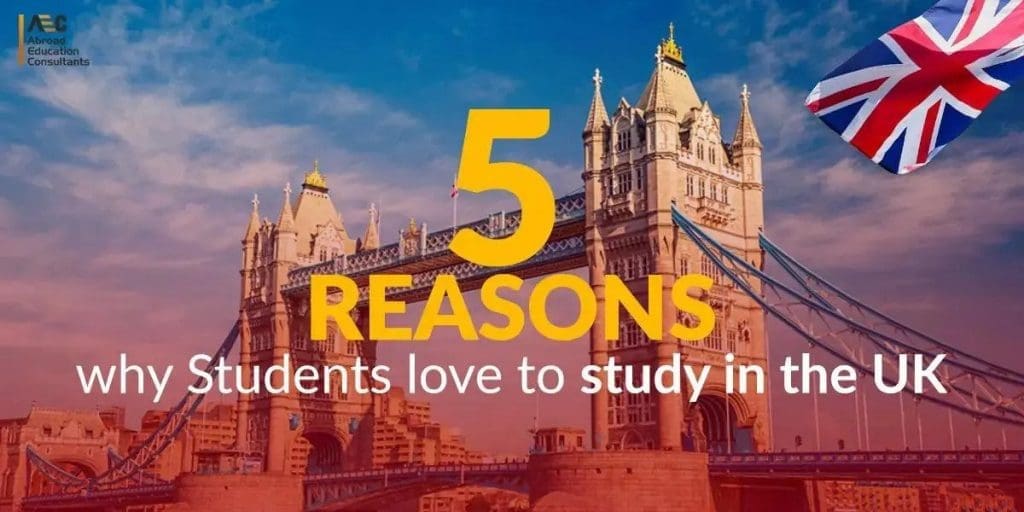 Promotional graphic featuring tower bridge in london with text "5 reasons why students love to study in the uk" and a uk flag in the corner.