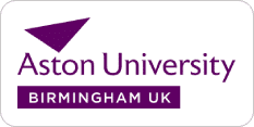 Aston University logo in purple text, with "Aston University" in larger font and "Birmingham UK" below in a smaller, outlined rectangle. A purple triangular shape is positioned to the left of the text.