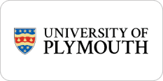 University of Plymouth logo featuring a shield with blue and red stripes, yellow and green emblem elements, and the university name in black text to the right.