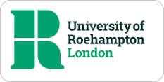 Logo of the University of Roehampton, London. It features a stylized green "R" next to the text: "University of Roehampton London" in black and green letters.