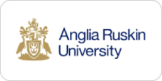 Anglia Ruskin University logo features the university's coat of arms in gold, followed by the university name in blue text.