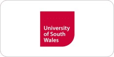 Logo of the University of South Wales featuring a red shield shape with a white rectangular section displaying the university name in white text.