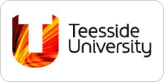 Teesside University logo featuring a stylized "U" with a fiery gradient design on the left and "Teesside University" written in black text on the right.