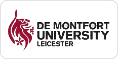 Logo for De Montfort University in Leicester, featuring a stylized red lion emblem and the text "DE MONTFORT UNIVERSITY LEICESTER" in black letters.