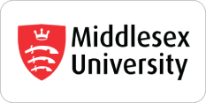 Middlesex University logo features a red shield with three white seaxes and a crown, next to the text "Middlesex University" in black.