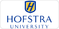 Logo of Hofstra University featuring a blue and gold shield with the letter "H" above the text "Hofstra University.
