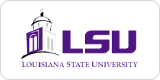 Louisiana State University logo featuring a purple illustration of a campus building and the letters "LSU" in bold purple text.