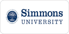 Logo of Simmons University featuring circular university seal with a tree emblem and "Simmons University - Boston, Massachusetts" text, next to "Simmons University" written in bold navy blue letters.