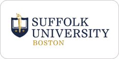Suffolk University Boston logo featuring a shield with a torch and an open book, accompanied by text reading "Suffolk University Boston.