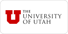The image shows the logo of The University of Utah, featuring a large red "U" and the institution's name in black text to the right.