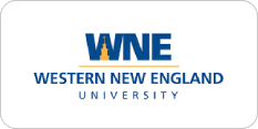 Logo of Western New England University with the acronym "WNE" in blue letters and a gold bell tower icon. Below it, the text "Western New England" is in blue, along with the word "University" in smaller, uppercase letters.